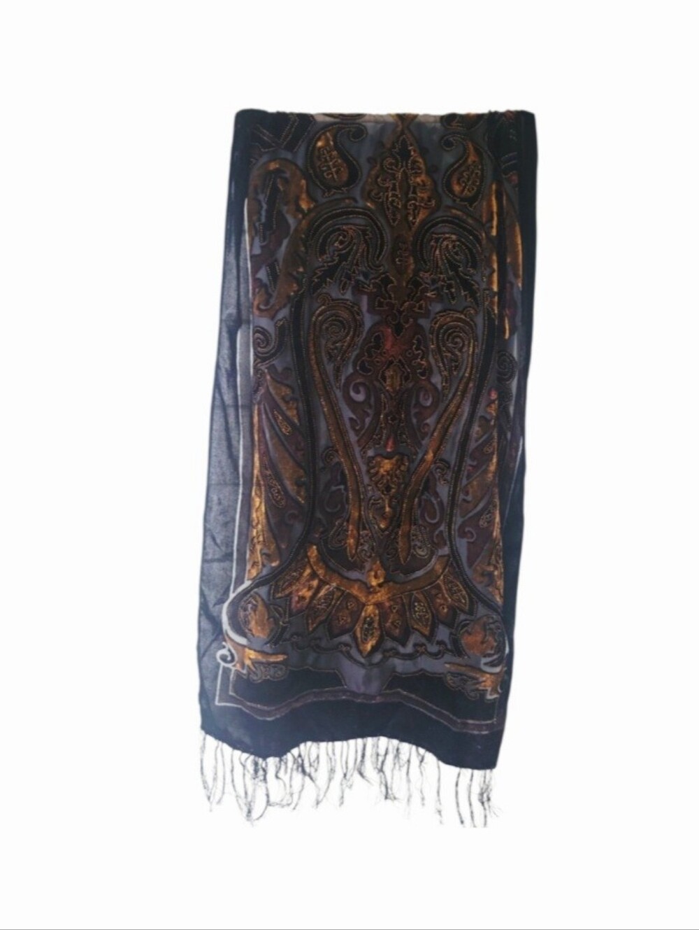 Vintage Paisley Velvet Burn Out Fringe Shawl Scarf Boho Stevie Nicks Witchy